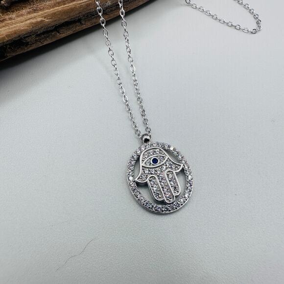 Hamsa Sterling Silver CZ Necklace-Protection Jewelry - Picture 4 of 7